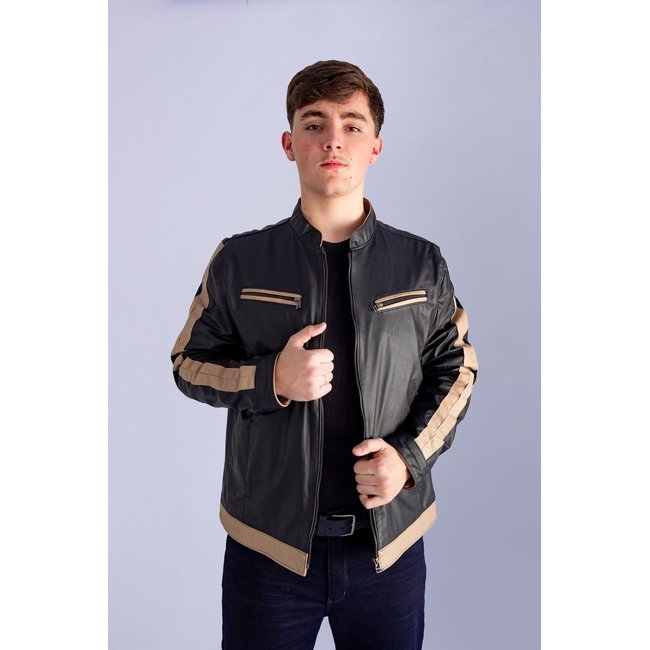 Jaqueta de Couro Masculina Maverick Preto com Bege