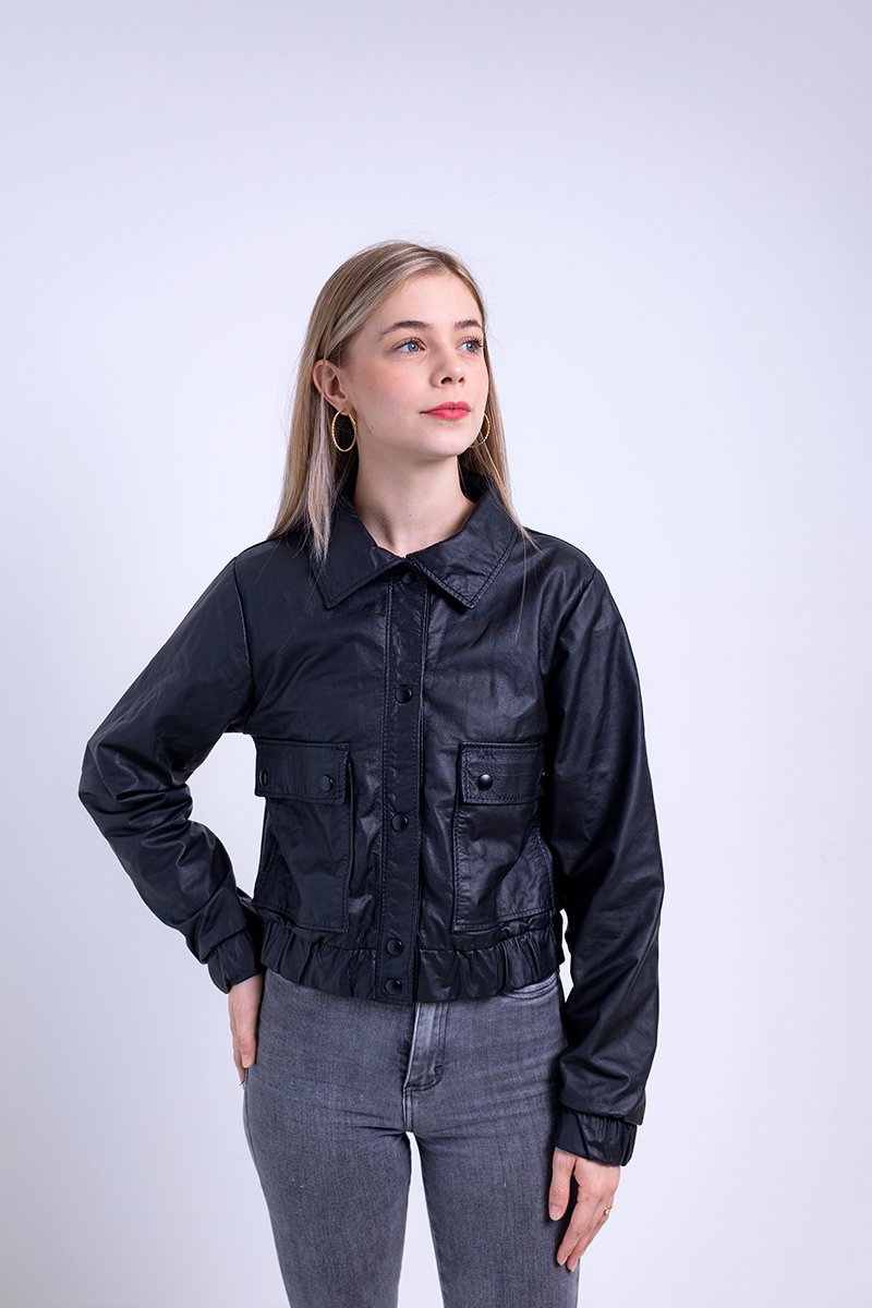 Jaqueta Feminina de Couro - Bomber Preta